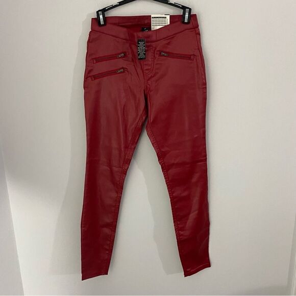 Hue Leggings Women’s Zippered Glossy Denim Leggings Deep Red - Picture 1 of 3
